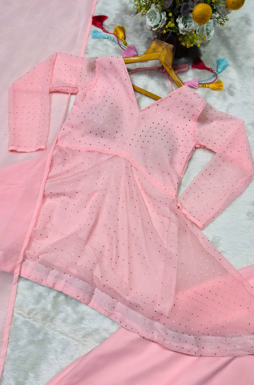 Party Wear Pink Color Faux Blooming Palazoo Suit With Kurta Top