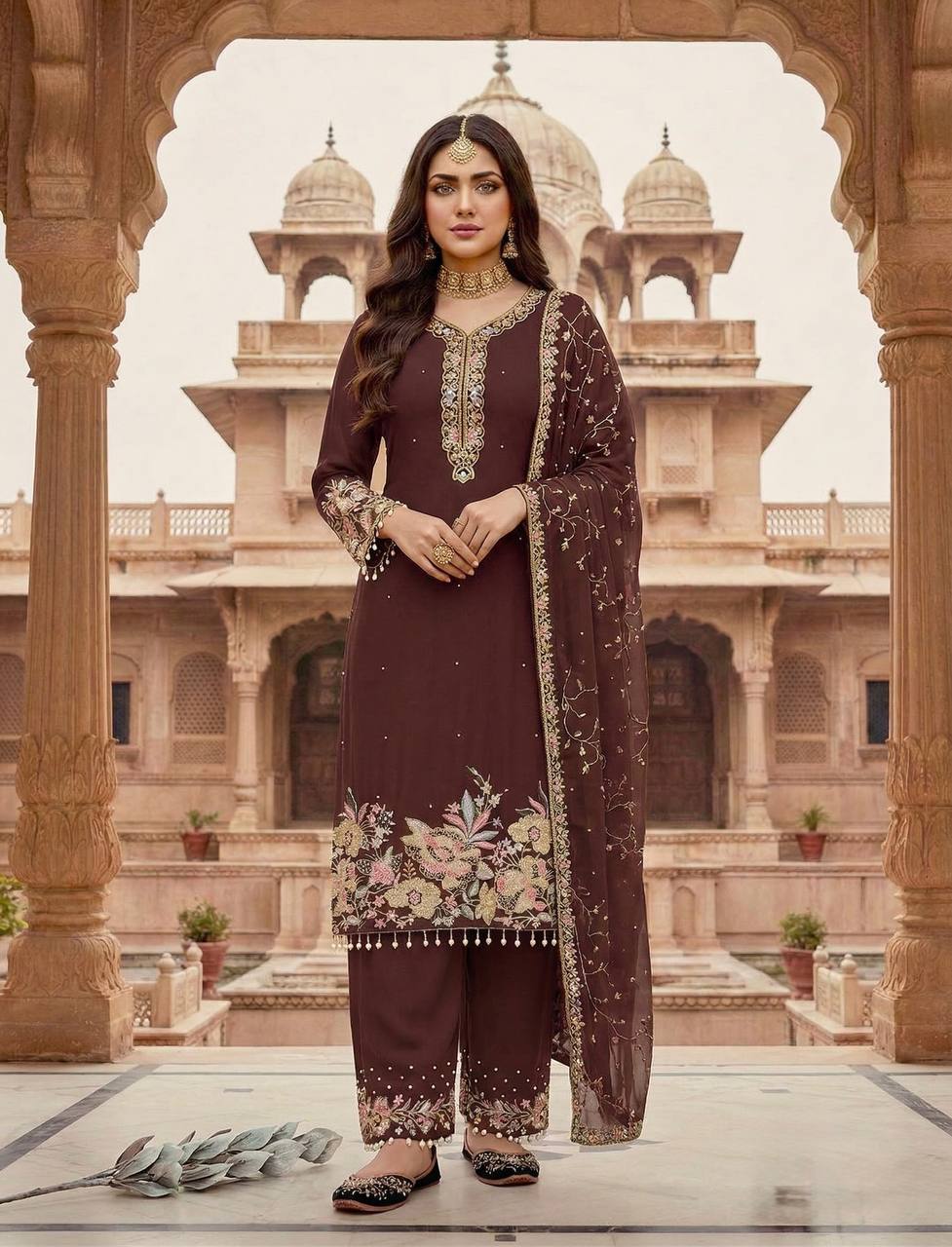 Luxury Faux Georgette Pearl Handwork Palazzo Set