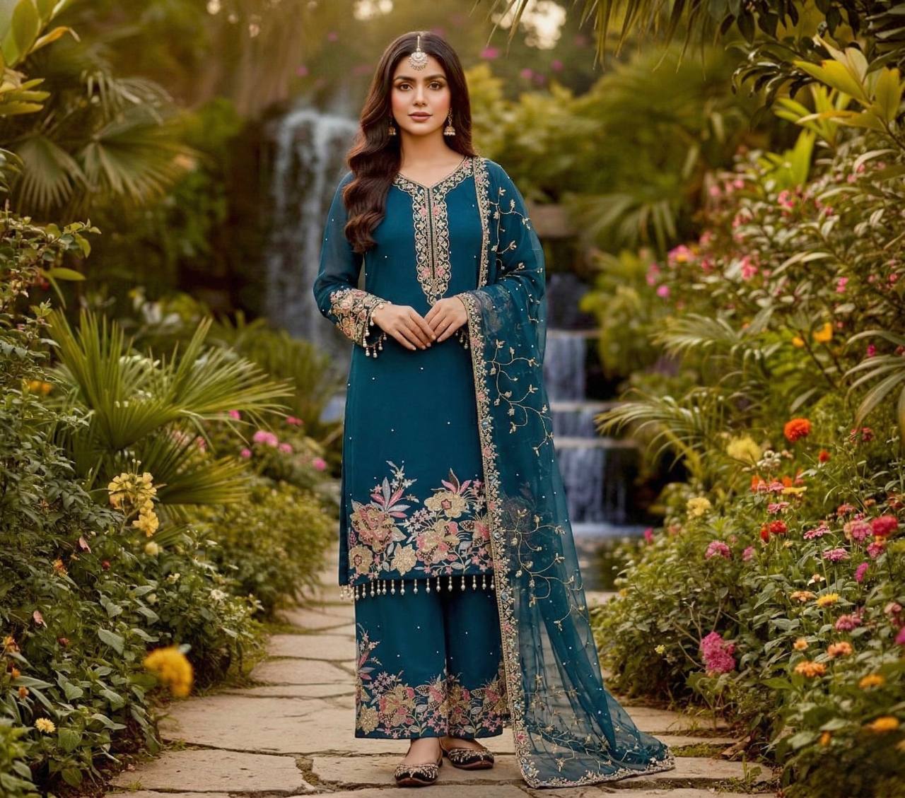 Luxury Faux Georgette Pearl Handwork Palazzo Set