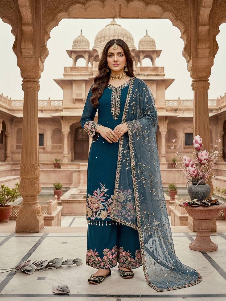 Luxury Faux Georgette Pearl Handwork Palazzo Set