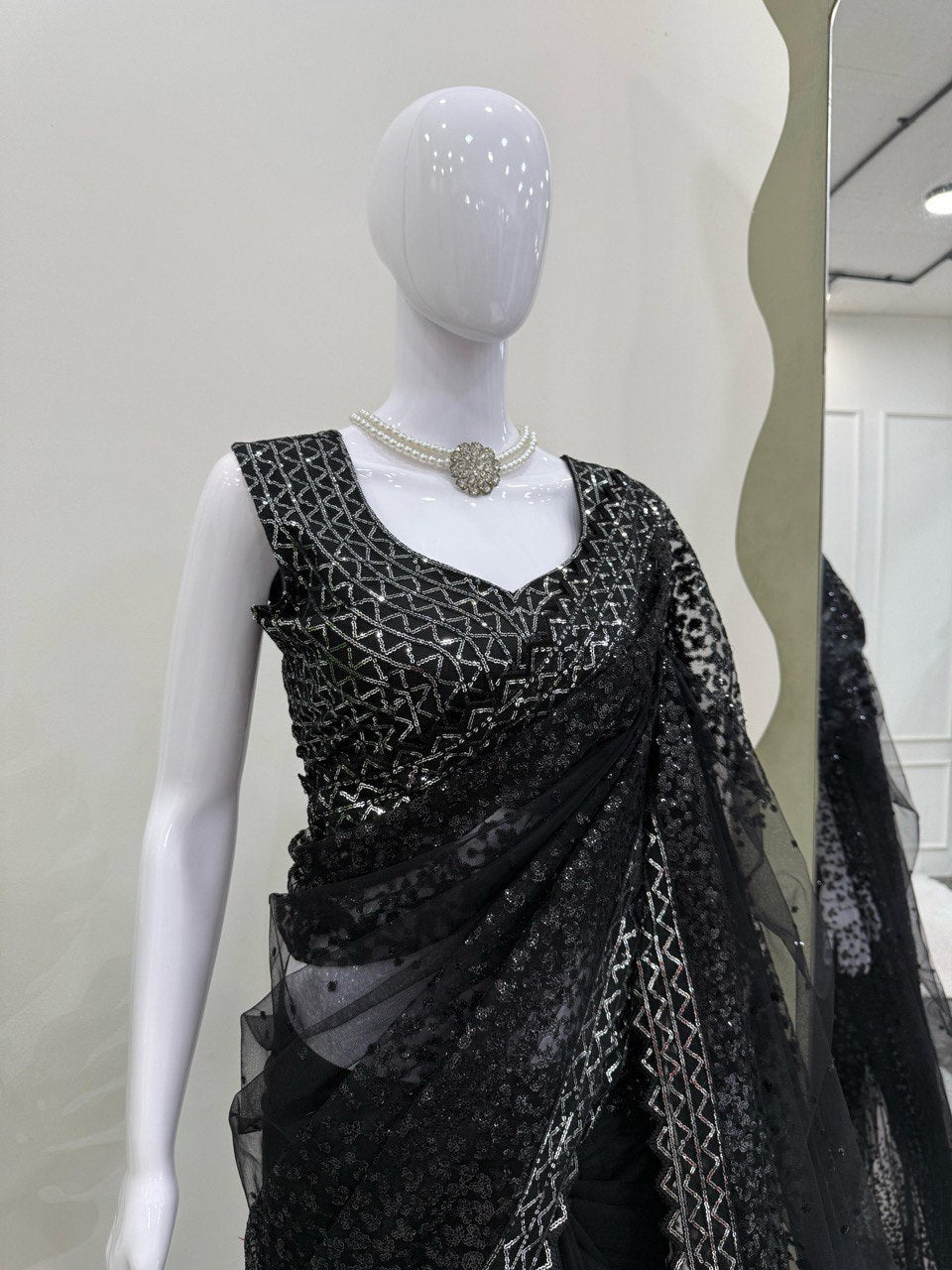Wedding Wear Black Color Soft Net With Sequence Work Designer Saree