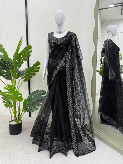 Wedding Wear Black Color Soft Net With Sequence Work Designer Saree