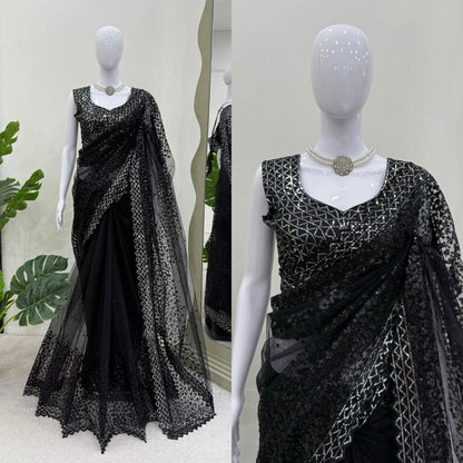 Wedding Wear Black Color Soft Net With Sequence Work Designer Saree