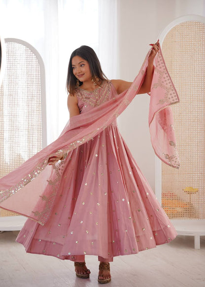 Ceremony Wear Peach Color Roman Silk Arti Chauhan Anarkali Gown Set