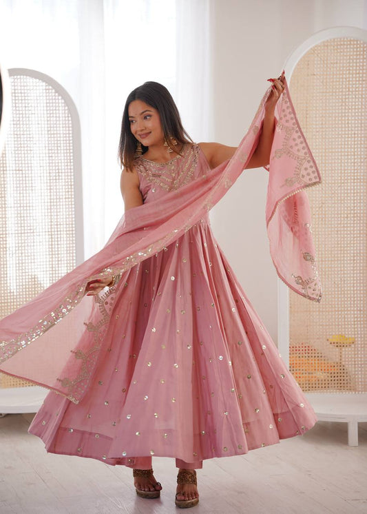 Ceremony Wear Peach Color Roman Silk Arti Chauhan Anarkali Gown Set