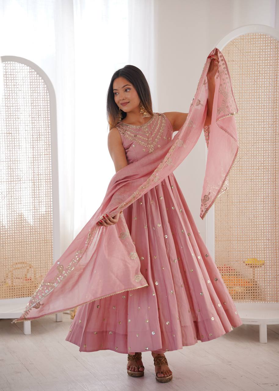 Ceremony Wear Peach Color Roman Silk Arti Chauhan Anarkali Gown Set