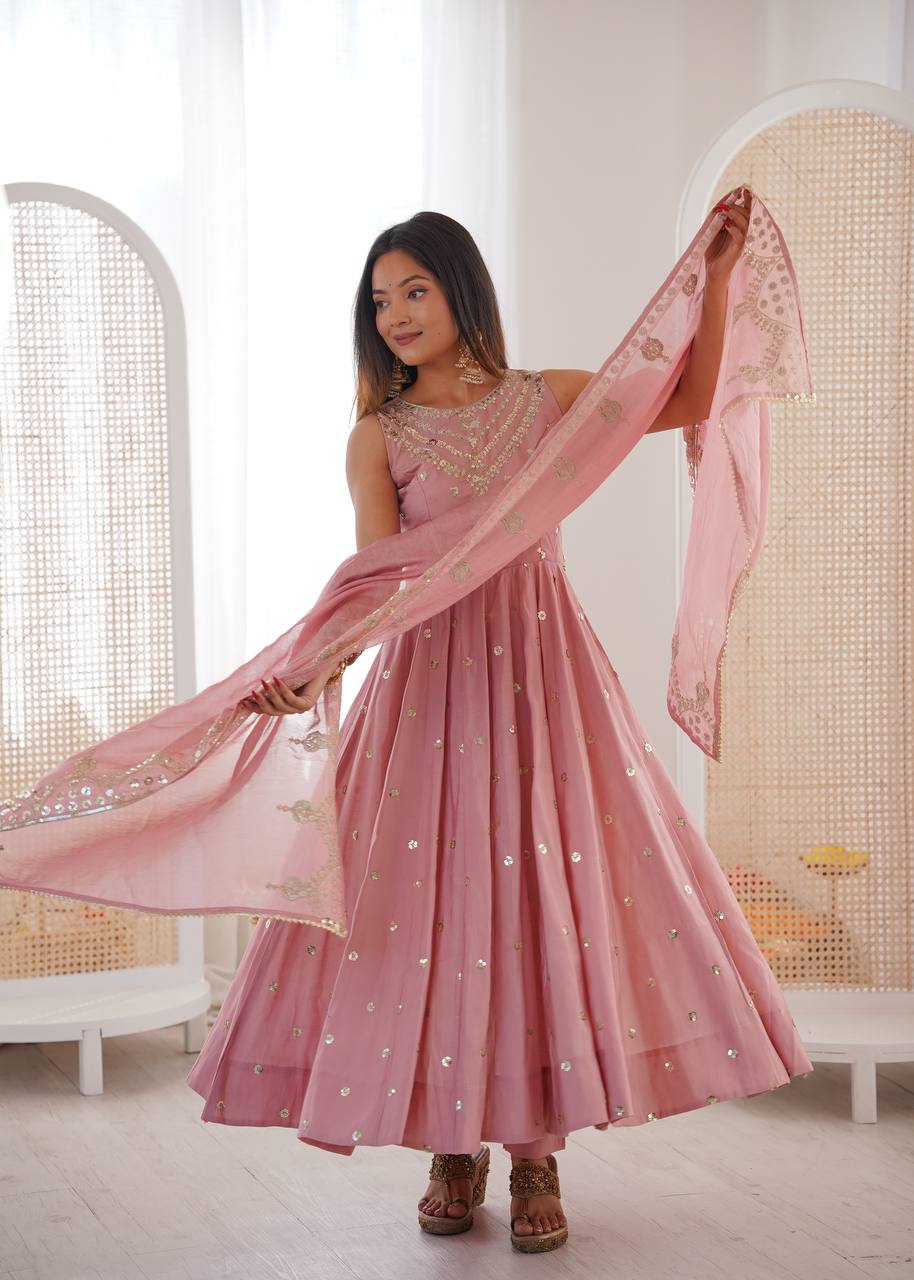 Ceremony Wear Peach Color Roman Silk Arti Chauhan Anarkali Gown Set