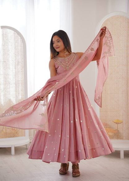 Ceremony Wear Peach Color Roman Silk Arti Chauhan Anarkali Gown Set