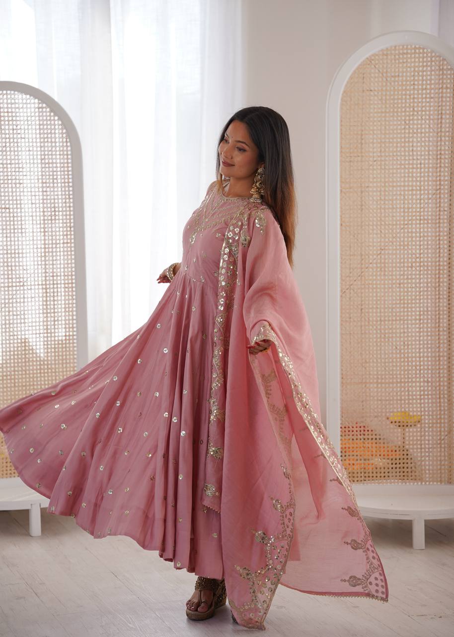 Ceremony Wear Peach Color Roman Silk Arti Chauhan Anarkali Gown Set