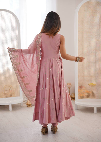Ceremony Wear Peach Color Roman Silk Arti Chauhan Anarkali Gown Set