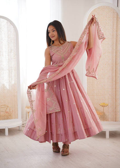 Ceremony Wear Peach Color Roman Silk Arti Chauhan Anarkali Gown Set