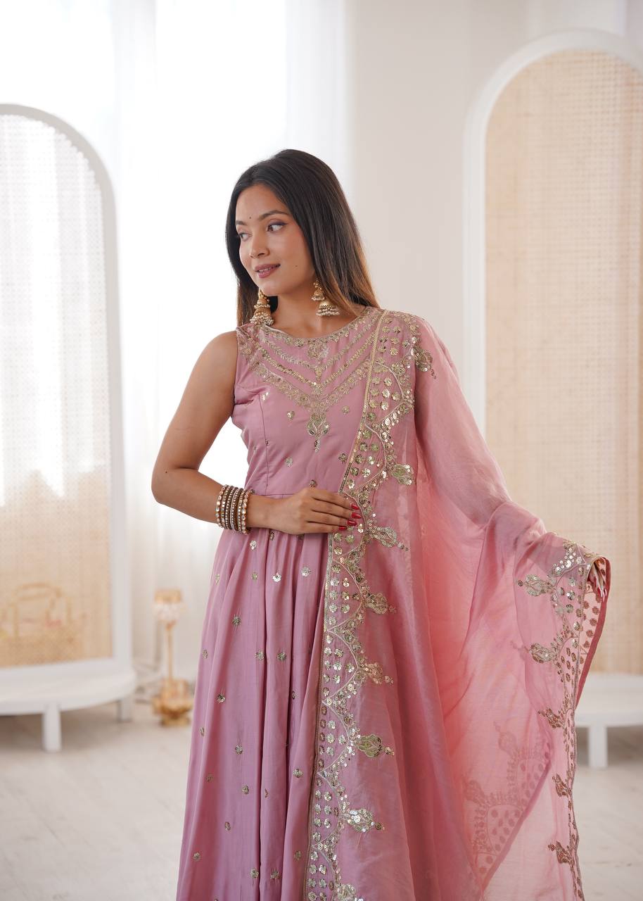 Ceremony Wear Peach Color Roman Silk Arti Chauhan Anarkali Gown Set