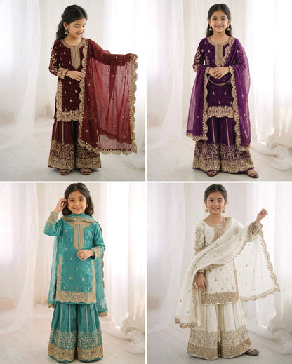 Girls Fendy Silk Sequin Embroidered Palazzo Suit