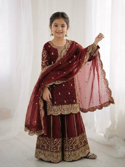 Girls Fendy Silk Sequin Embroidered Palazzo Suit