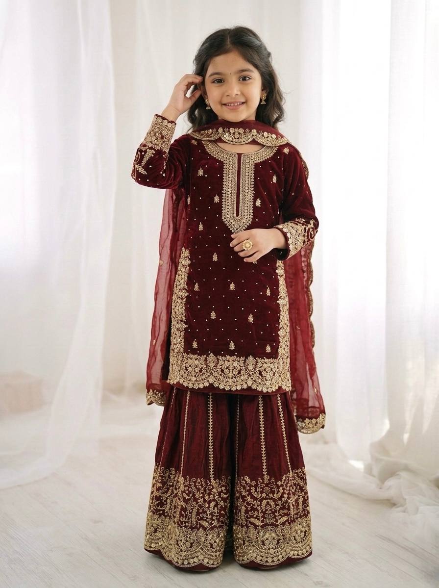 Girls Fendy Silk Sequin Embroidered Palazzo Suit