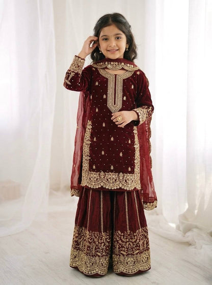 Girls Fendy Silk Sequin Embroidered Palazzo Suit