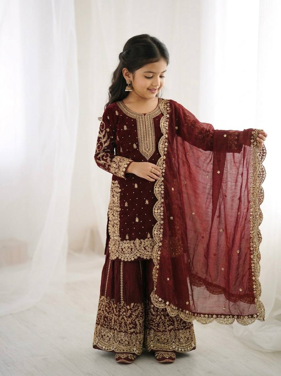 Girls Fendy Silk Sequin Embroidered Palazzo Suit