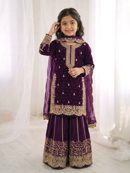 Girls Fendy Silk Sequin Embroidered Palazzo Suit