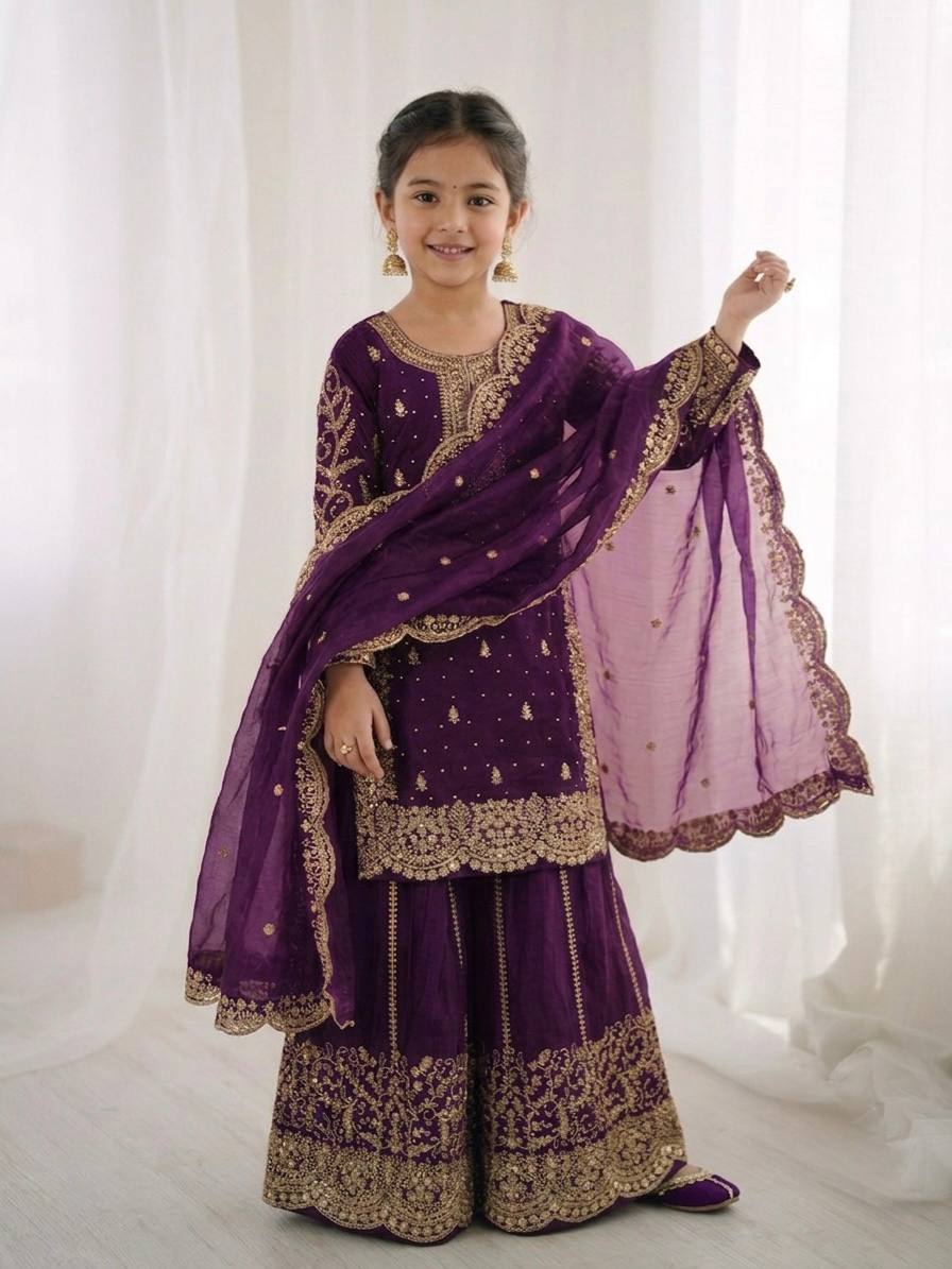 Girls Fendy Silk Sequin Embroidered Palazzo Suit