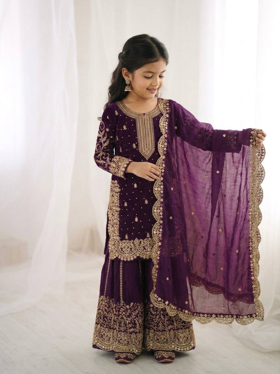 Girls Fendy Silk Sequin Embroidered Palazzo Suit