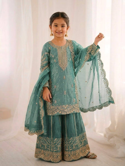 Girls Fendy Silk Sequin Embroidered Palazzo Suit