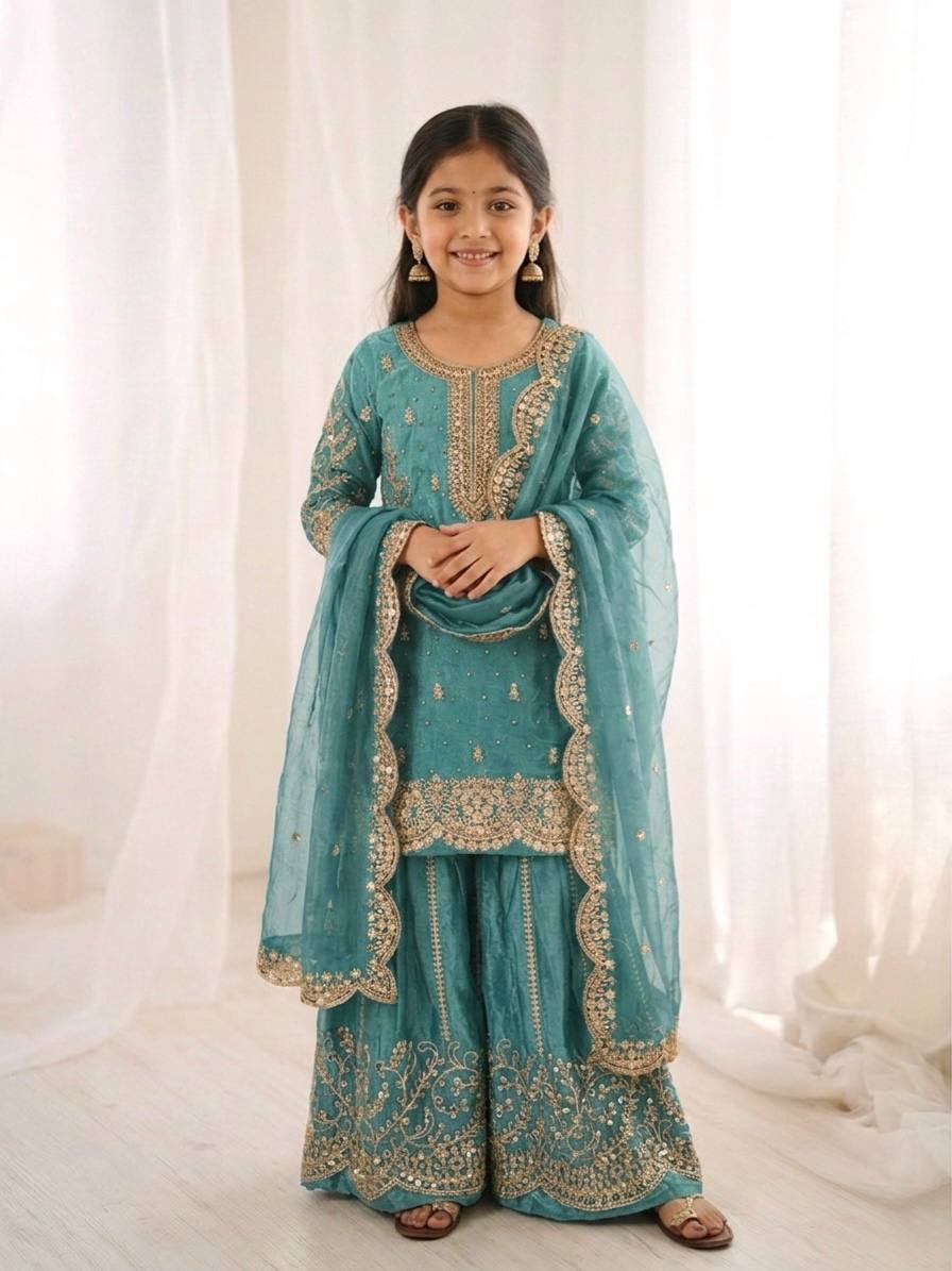 Girls Fendy Silk Sequin Embroidered Palazzo Suit