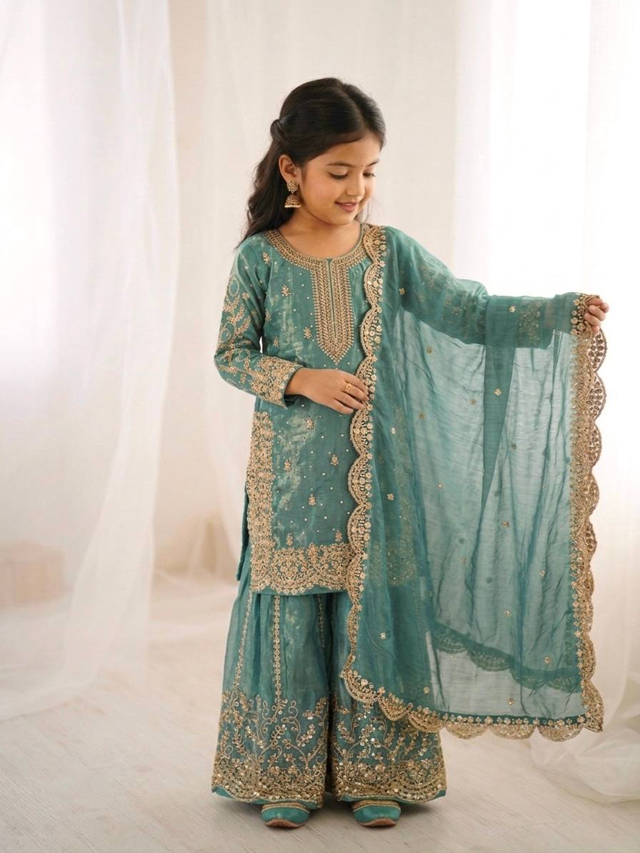 Girls Fendy Silk Sequin Embroidered Palazzo Suit
