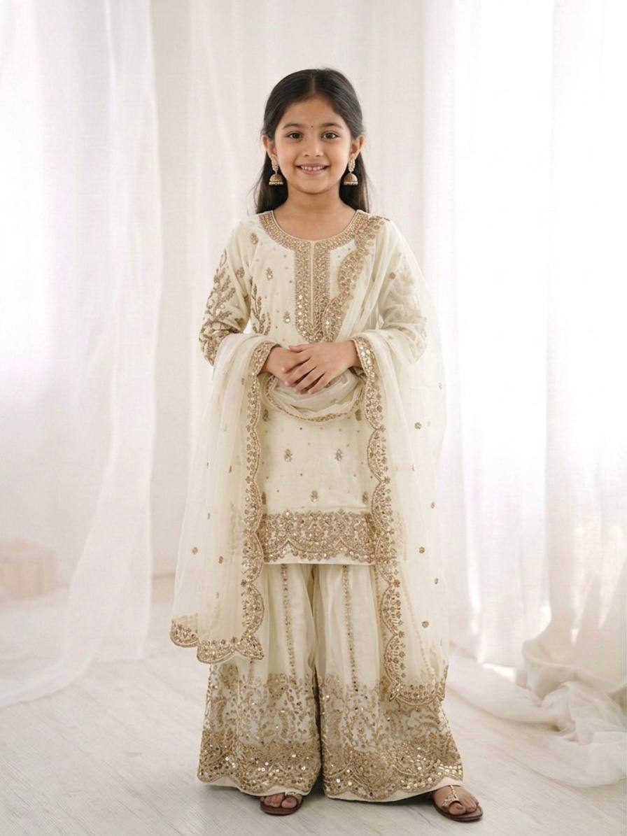 Girls Fendy Silk Sequin Embroidered Palazzo Suit