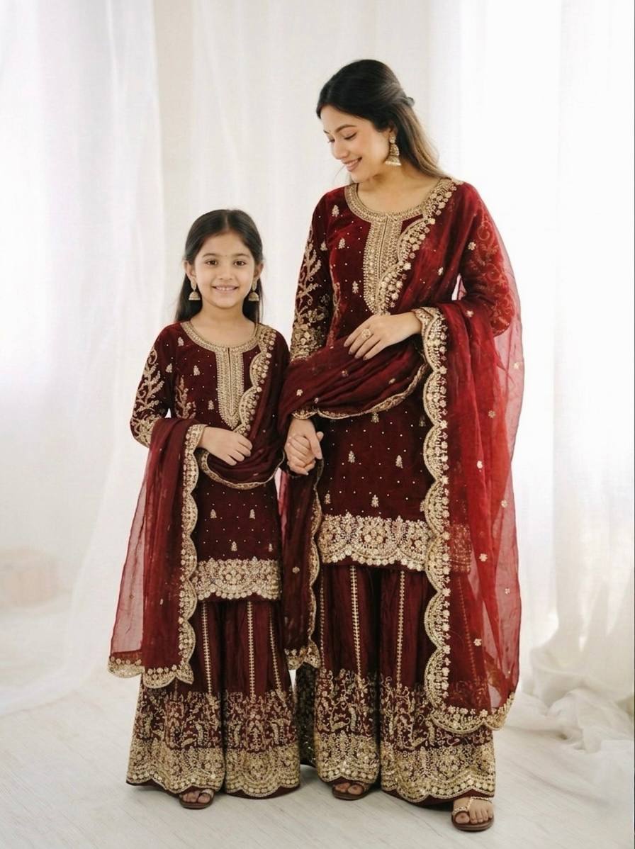 Mother And Daughter Maching Fendy Silk Sequin Embroidered Palazzo Suit