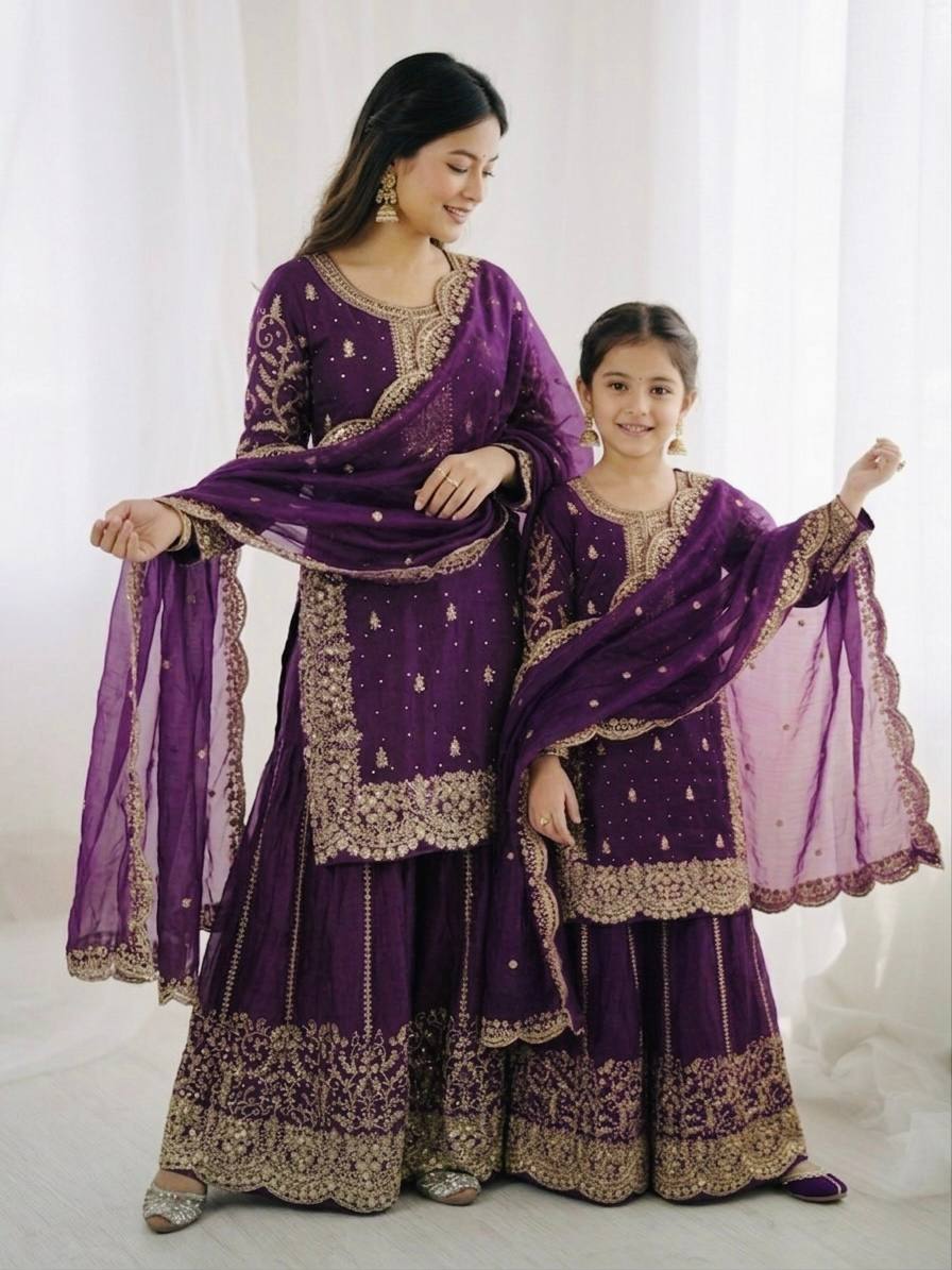 Mother And Daughter Maching Fendy Silk Sequin Embroidered Palazzo Suit