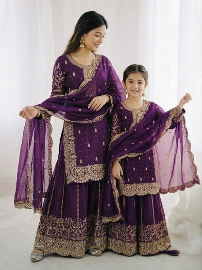 Mother And Daughter Maching Fendy Silk Sequin Embroidered Palazzo Suit