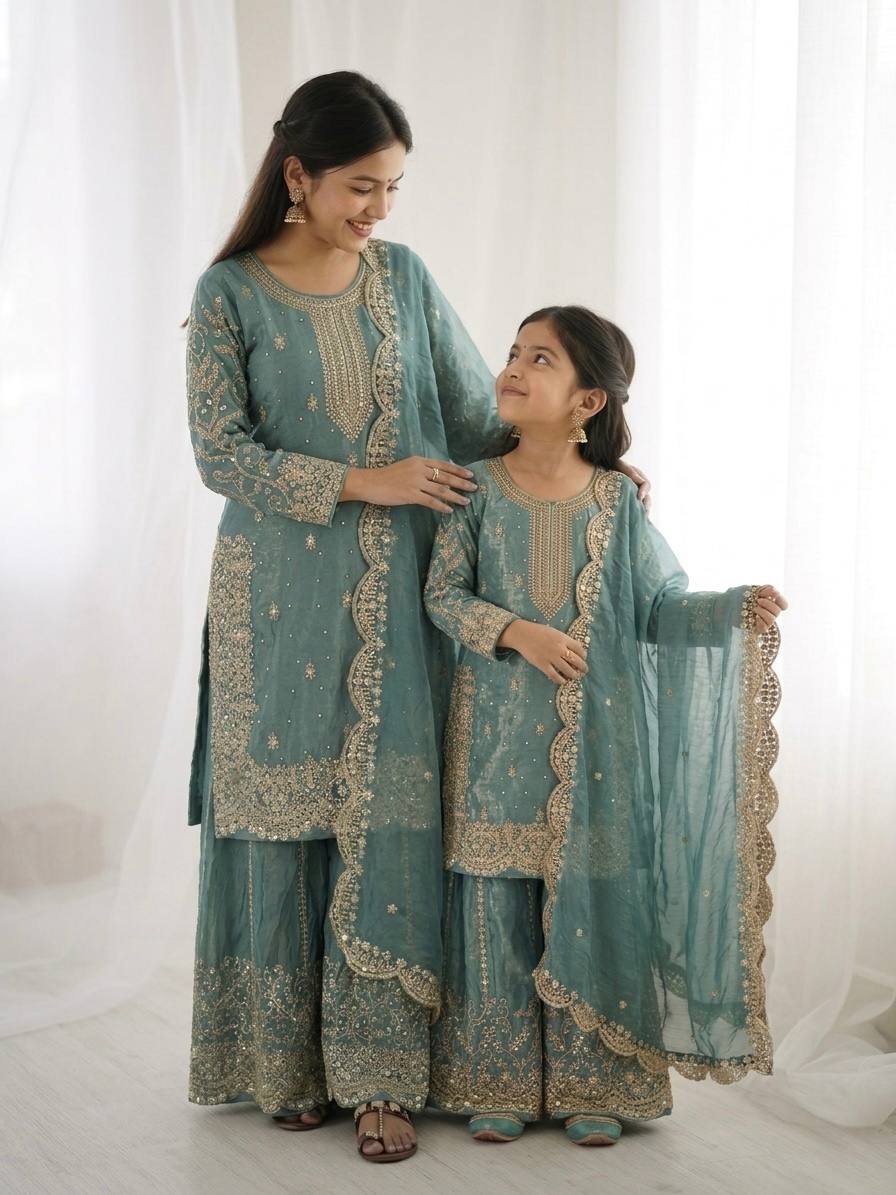 Mother And Daughter Maching Fendy Silk Sequin Embroidered Palazzo Suit
