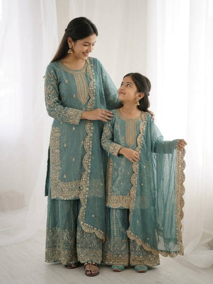 Mother And Daughter Maching Fendy Silk Sequin Embroidered Palazzo Suit