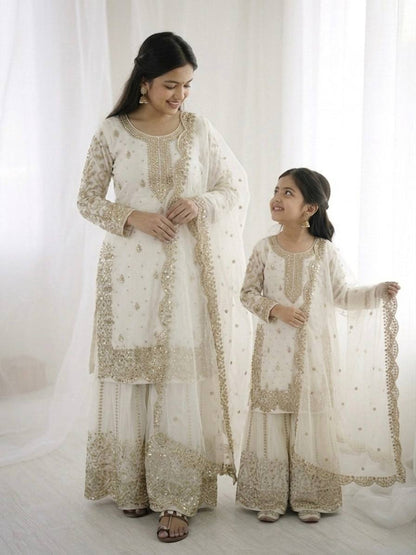 Mother And Daughter Maching Fendy Silk Sequin Embroidered Palazzo Suit