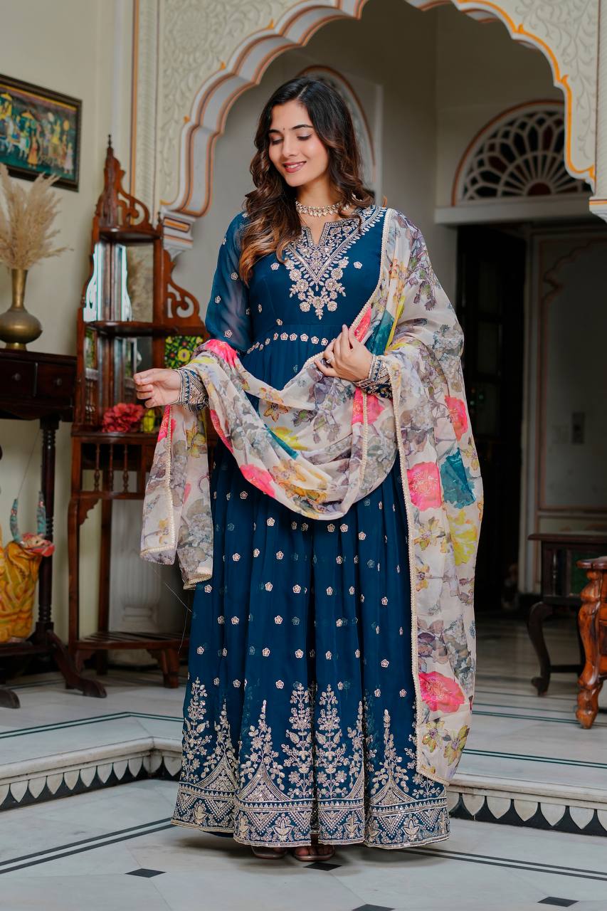 Blissful Blue Color Sequence Embroidered Anarkali Gown With Dupatta