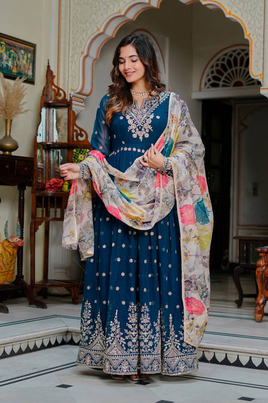 Blissful Blue Color Sequence Embroidered Anarkali Gown With Dupatta
