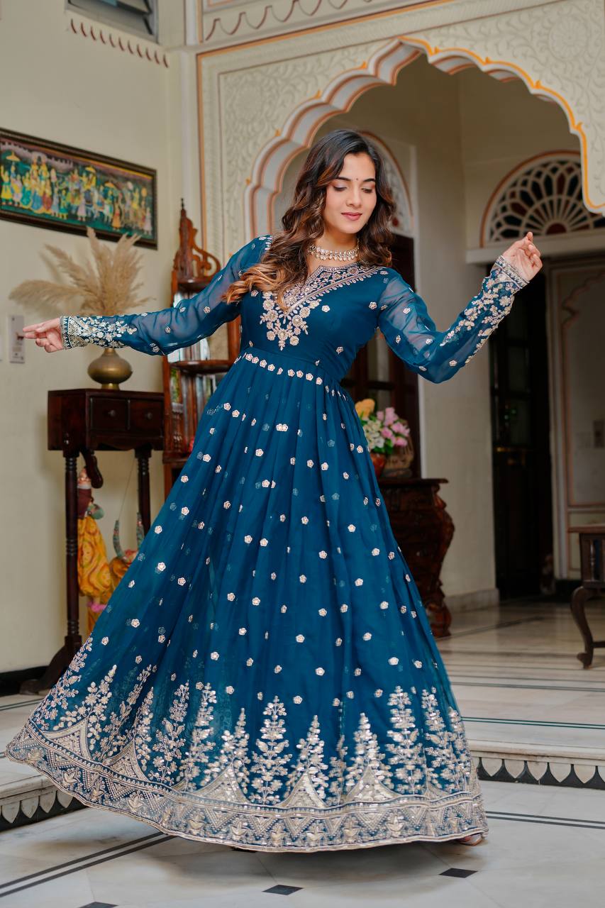 Blissful Blue Color Sequence Embroidered Anarkali Gown With Dupatta