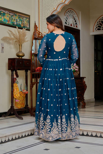 Blissful Blue Color Sequence Embroidered Anarkali Gown With Dupatta