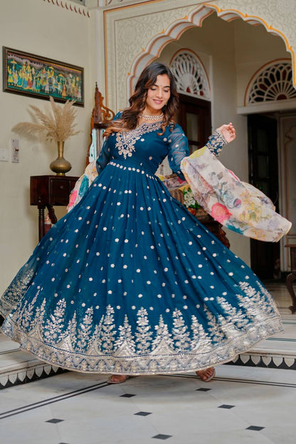 Blissful Blue Color Sequence Embroidered Anarkali Gown With Dupatta