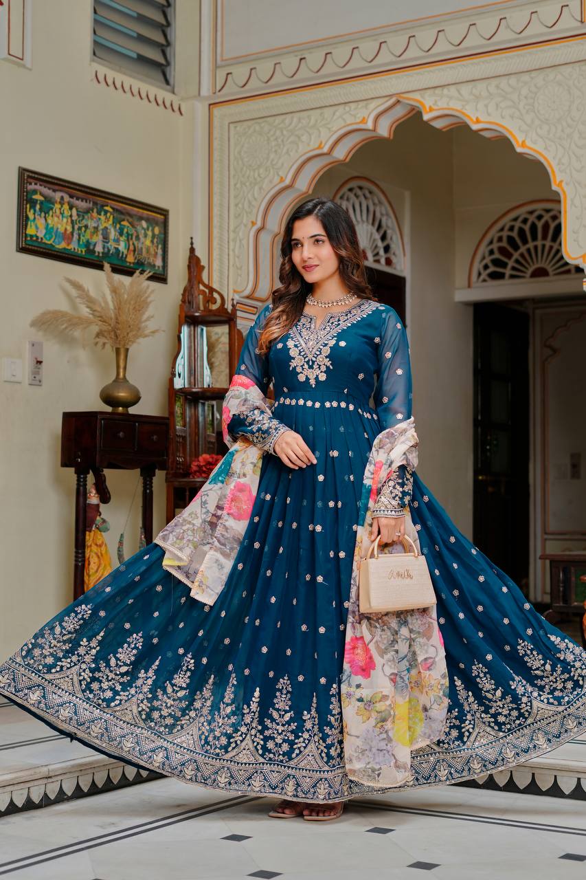 Blissful Blue Color Sequence Embroidered Anarkali Gown With Dupatta