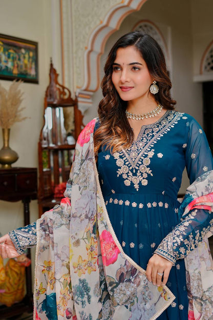 Blissful Blue Color Sequence Embroidered Anarkali Gown With Dupatta