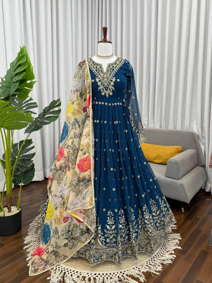 Blissful Blue Color Sequence Embroidered Anarkali Gown With Dupatta