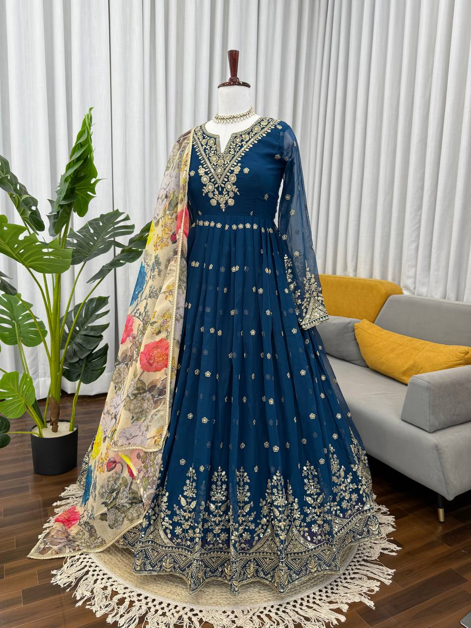Blissful Blue Color Sequence Embroidered Anarkali Gown With Dupatta