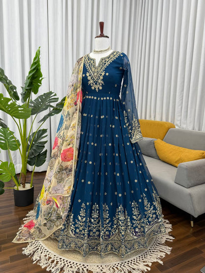 Blissful Blue Color Sequence Embroidered Anarkali Gown With Dupatta