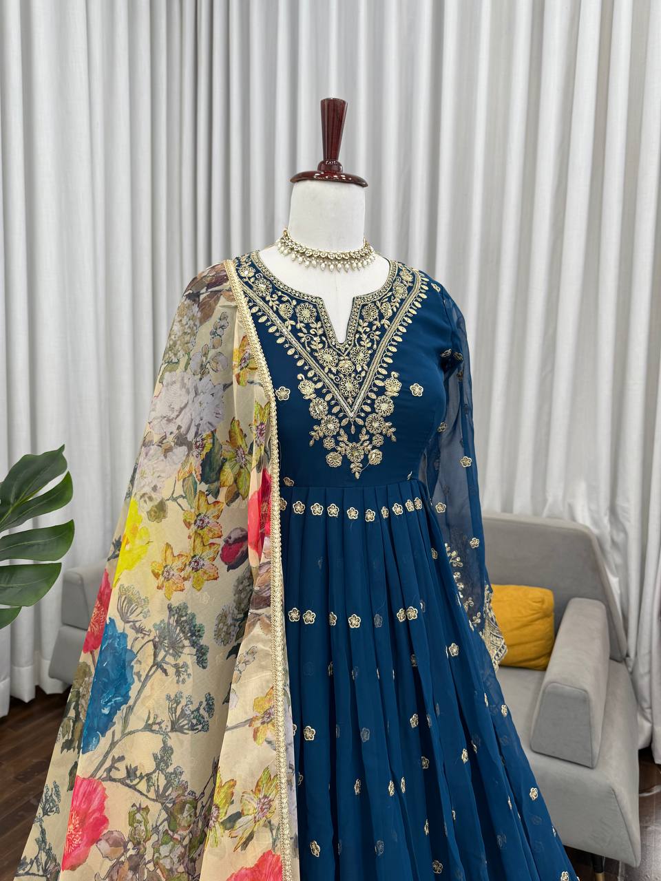 Blissful Blue Color Sequence Embroidered Anarkali Gown With Dupatta
