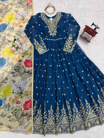 Blissful Blue Color Sequence Embroidered Anarkali Gown With Dupatta