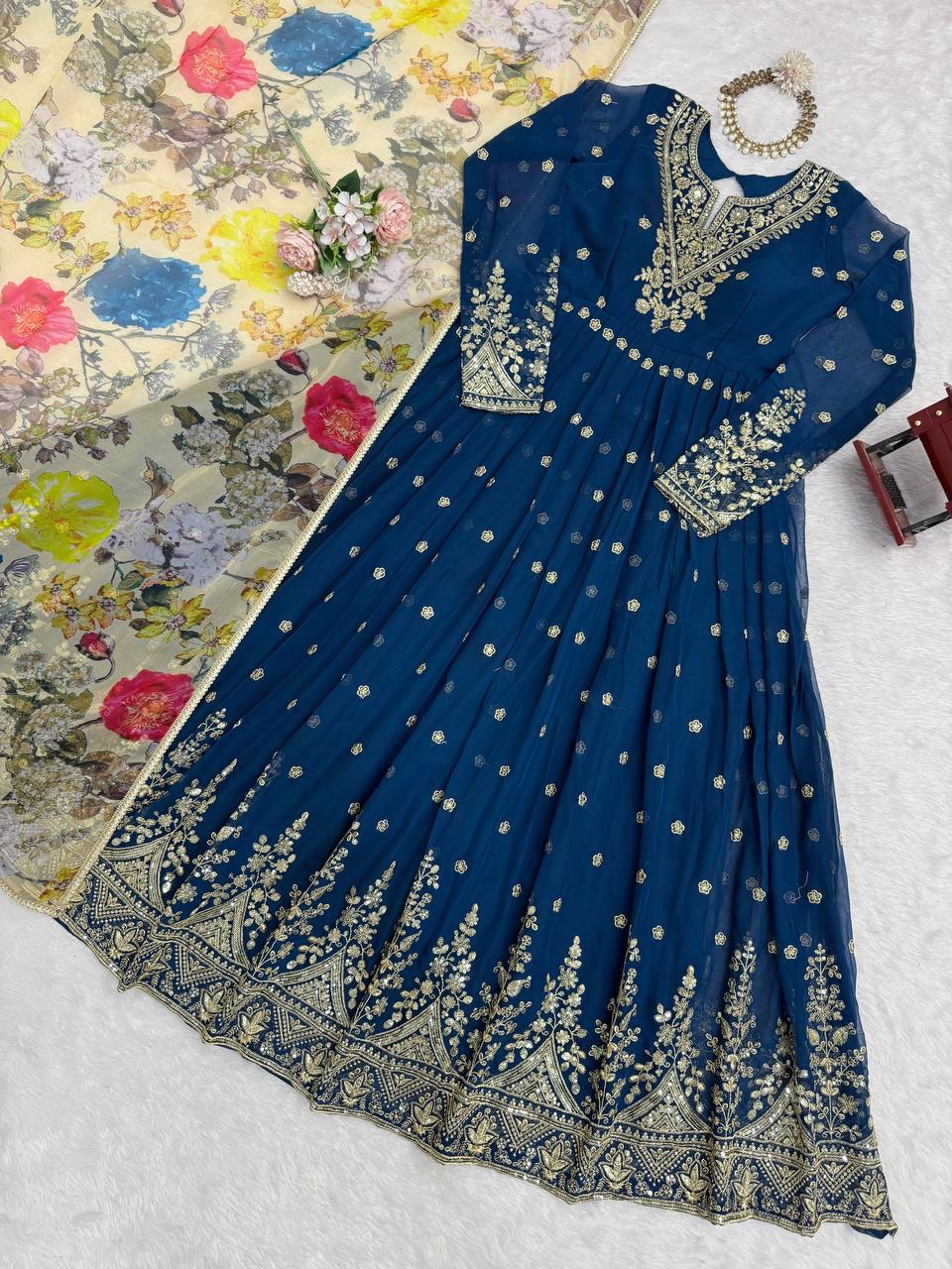 Blissful Blue Color Sequence Embroidered Anarkali Gown With Dupatta