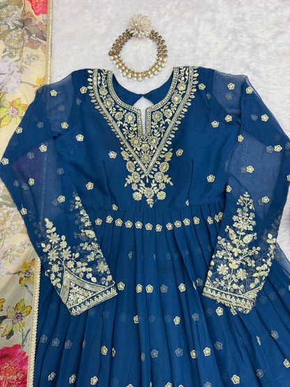 Blissful Blue Color Sequence Embroidered Anarkali Gown With Dupatta