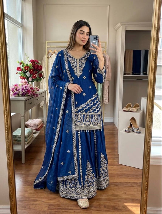 Traditional Wear Blue Color Sequence Embroidered Sharara Suit With Dupatta