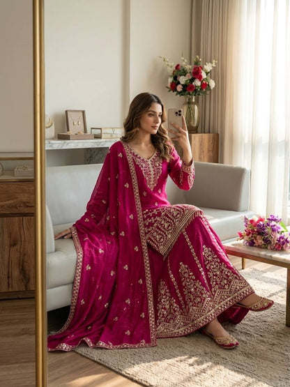 Bollywood Style Pink Color Pure Vichitra Silk Sharara Suit With Dupatta